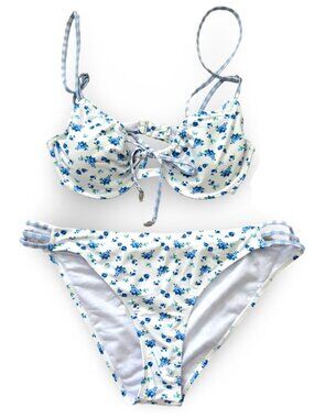 Bingo Floral Bikini Swimsuit Set XL Top 3X Bottoms Blue White Floral Cottagecore